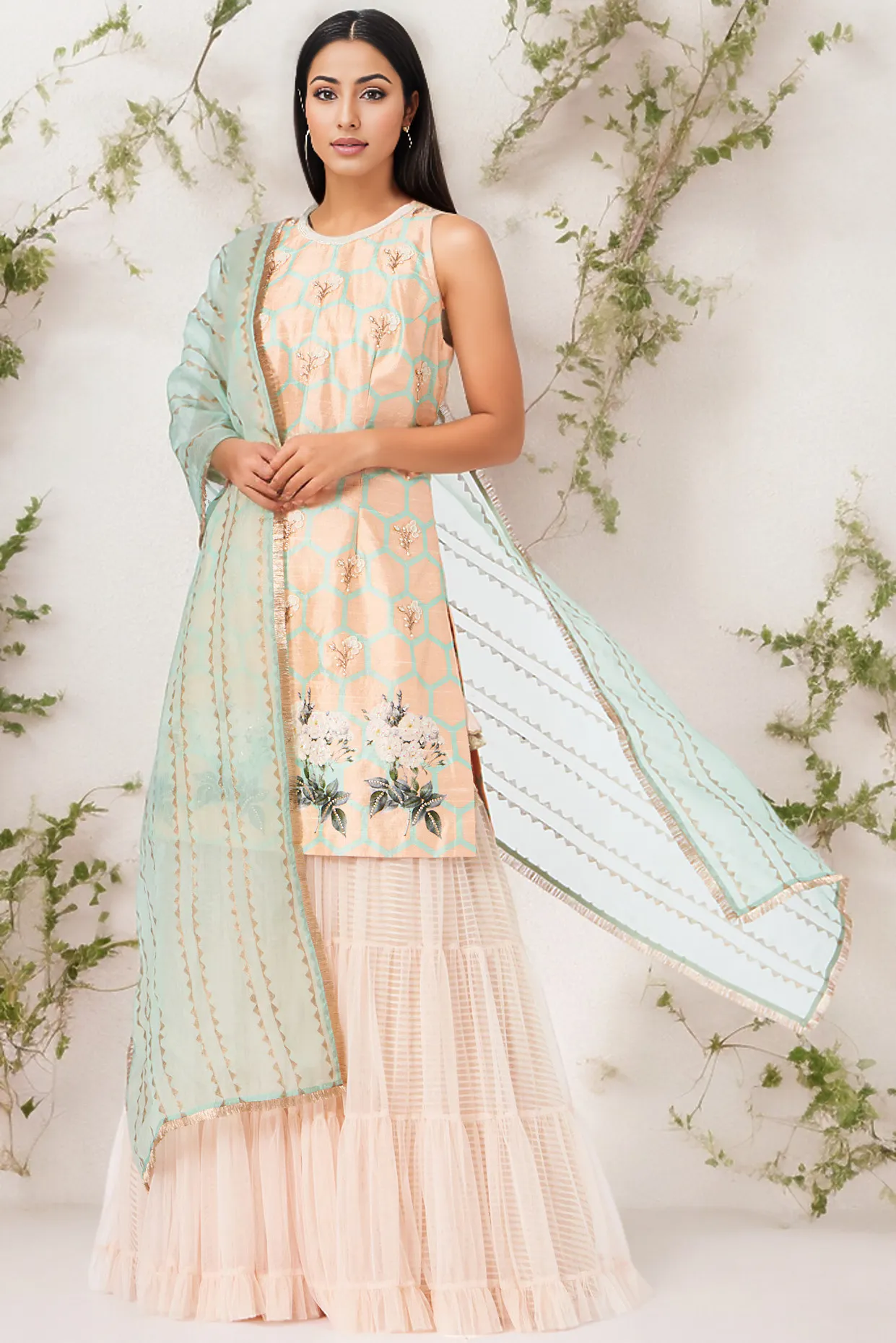 Light Peach Net Sharara Set