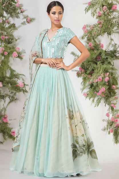 Sea Green Printed Lehenga Set