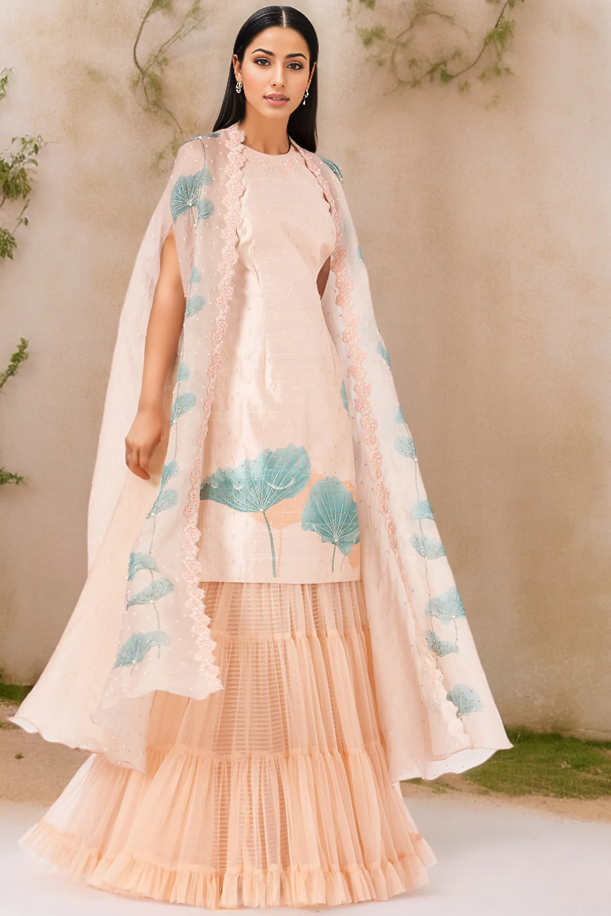 Peach Net Sharara Set