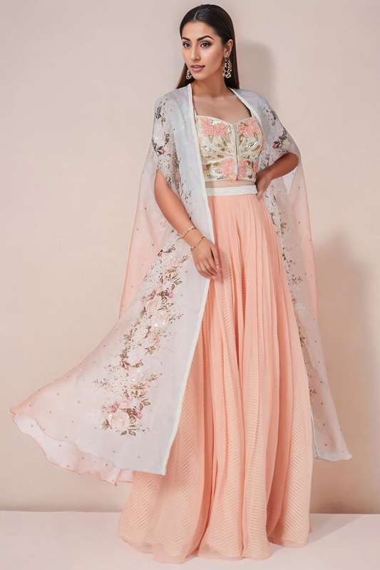 Peach 3D Floral Digital Printed Cape Set