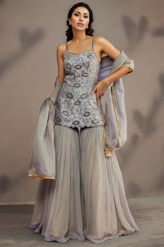 Grey Raw Silk & Chiffon Gharara Set