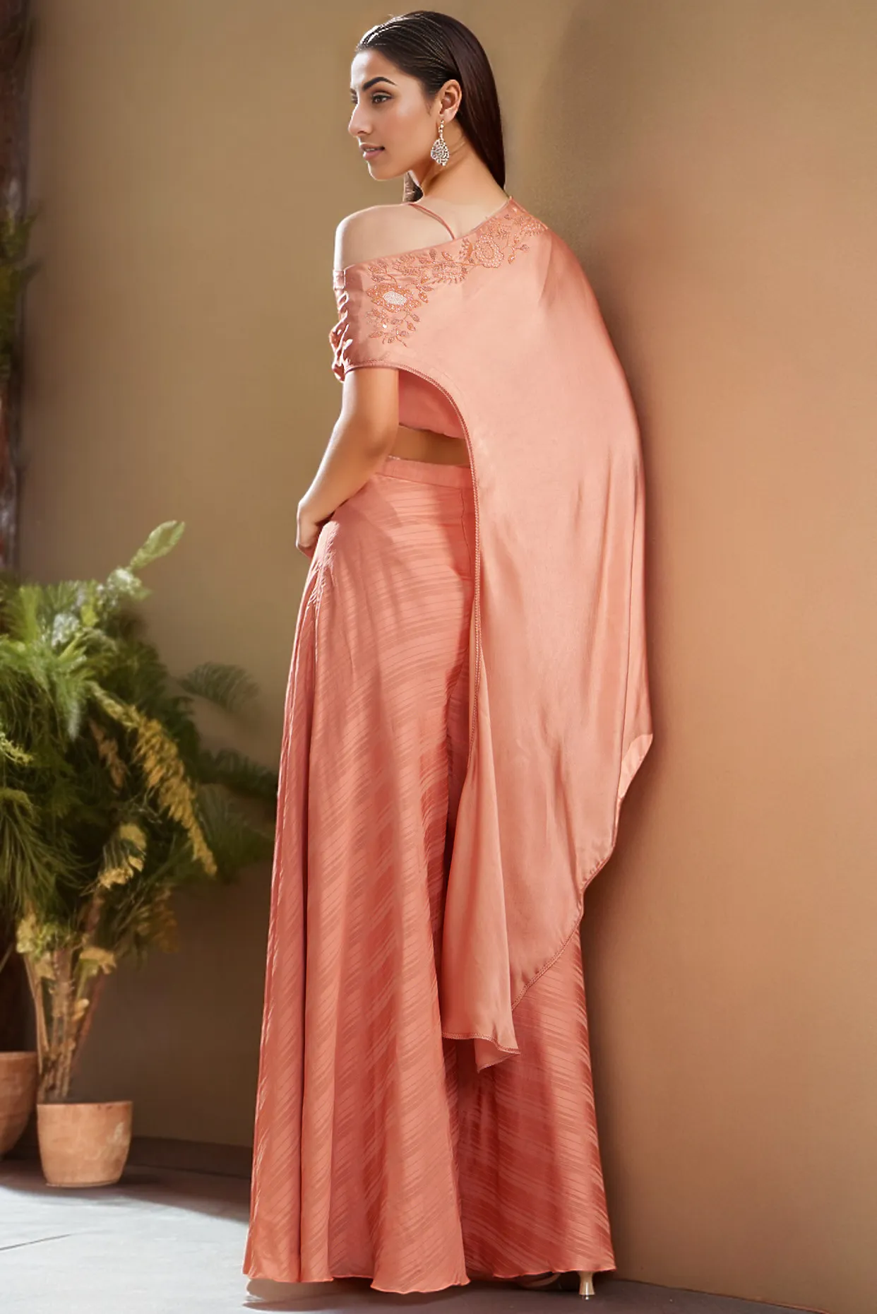 Brick Silk Satin Embroidered Off-Shoulder Cape Set