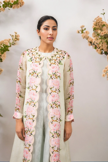 ORGANZA PEONIES PRINT LONG JACKET WITH JUMPSUIT