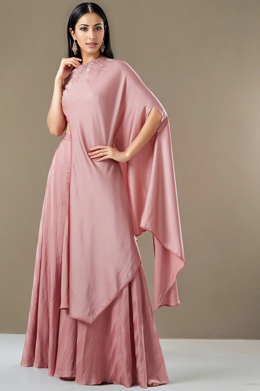 Antique Pink Chanderi Silk Off-Shoulder Cape Set