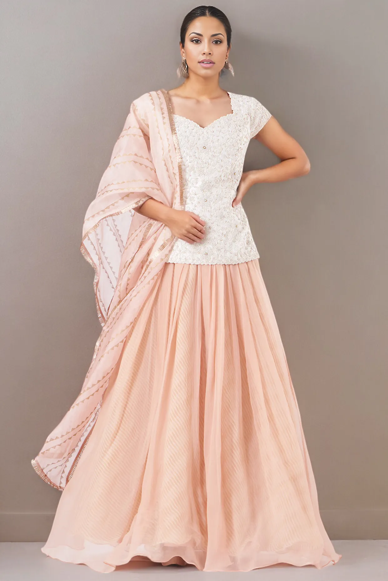 Peach Raw Silk & Chiffon Skirt Set