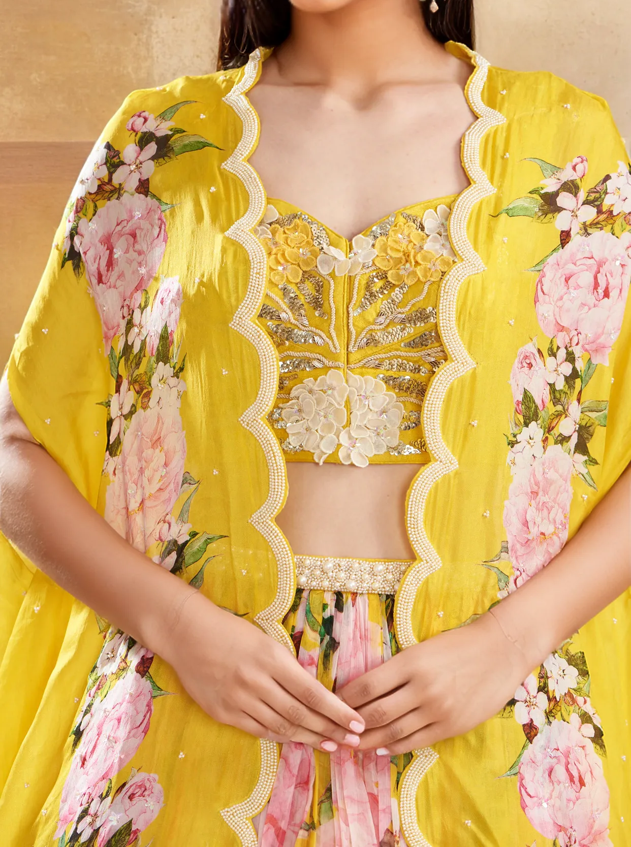 Yellow Chiffon Printed Jacket Lehenga Set