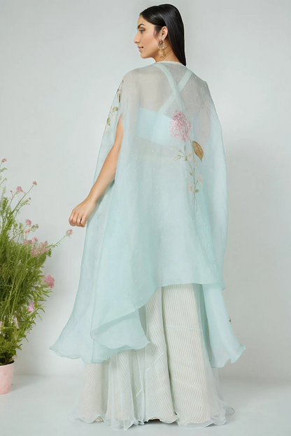 Sky Blue Floral Printed Cape Set