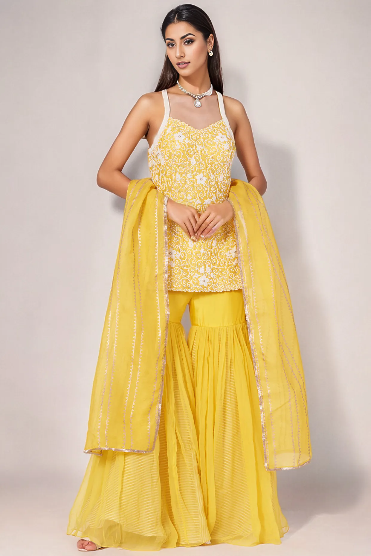 Yellow Chiffon Gharara Set