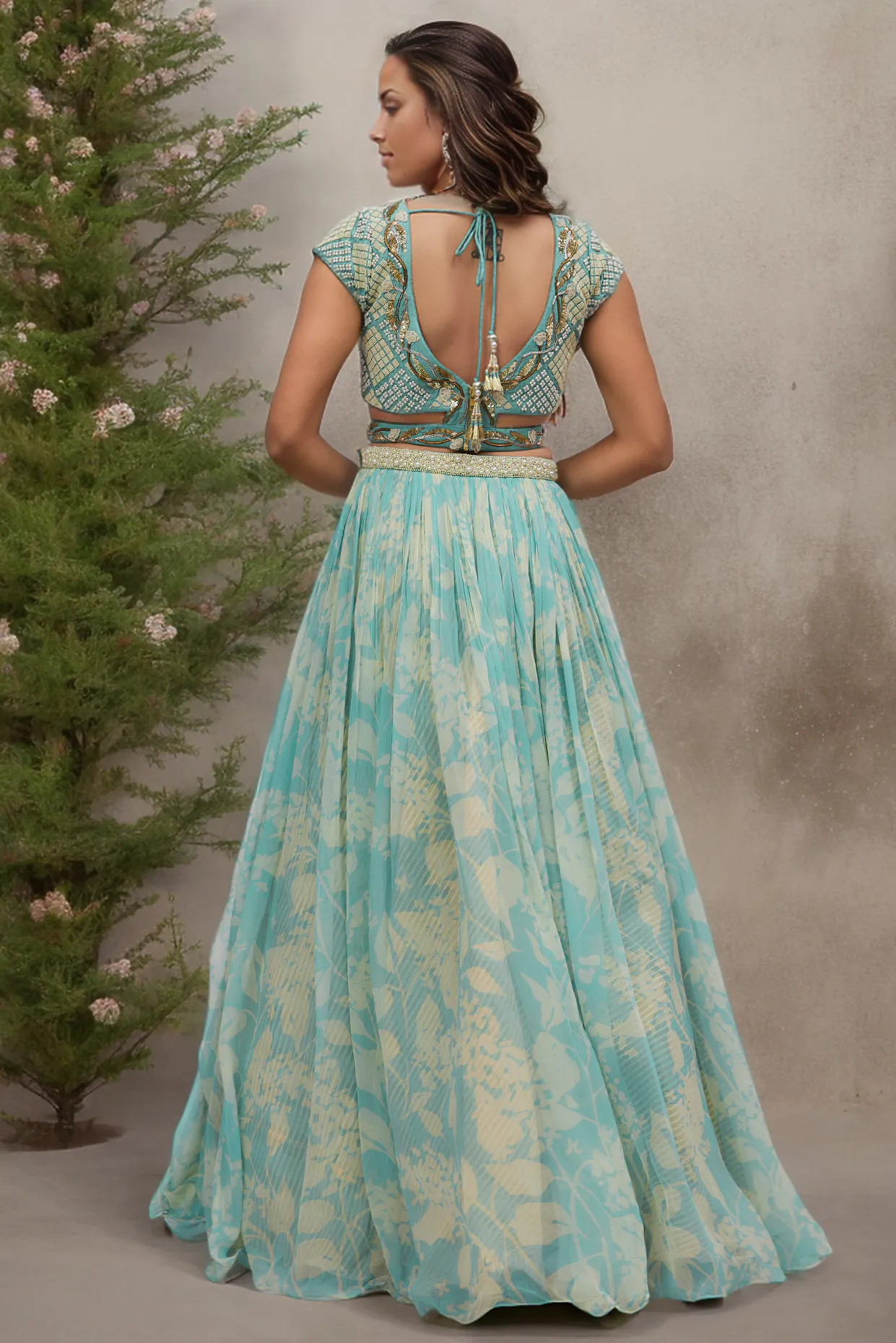 Aqua Green Chiffon Printed Lehenga Set