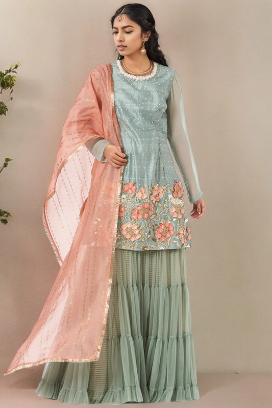 Greyish Green Raw Silk Sharara Set