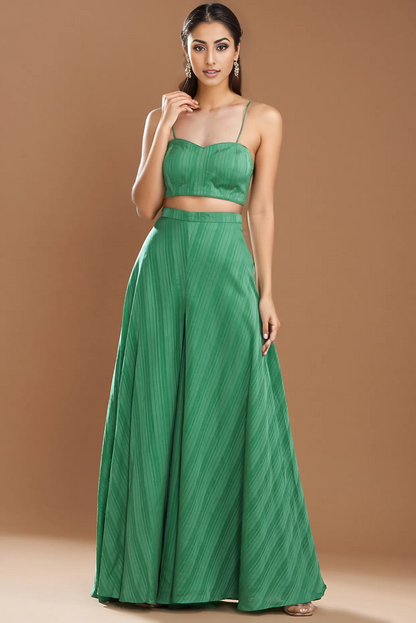 Dark Green Silk Satin Embroidered Off-Shoulder Cape Set