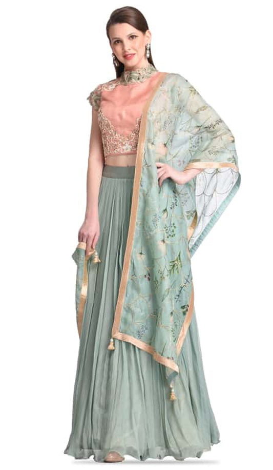 GREEN LEHENGA WITH PRINTED DUPATTA