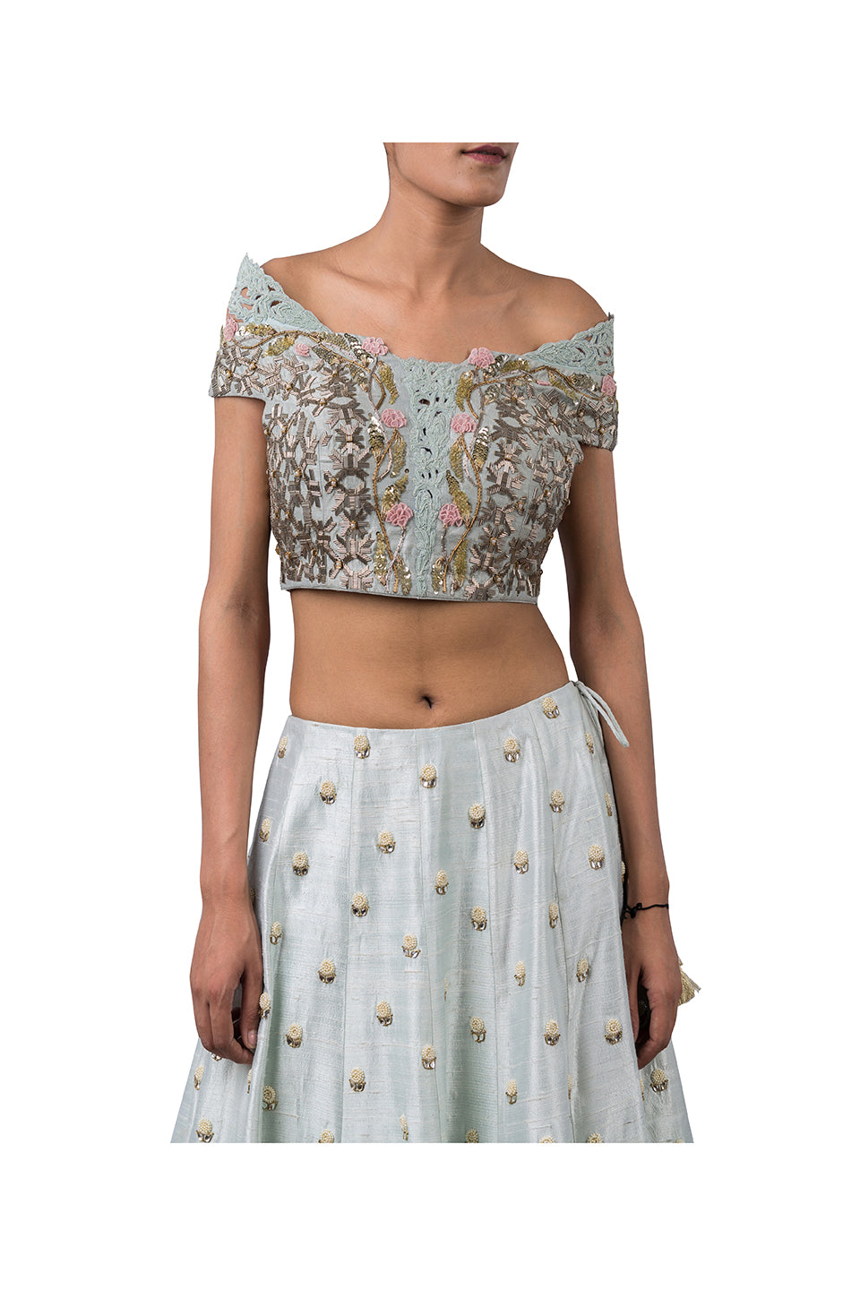 Pretty floral lengha with off the shoulder crop top | Crop top wedding  dress indian, Lengha blouse designs, Designer bridal lehenga choli
