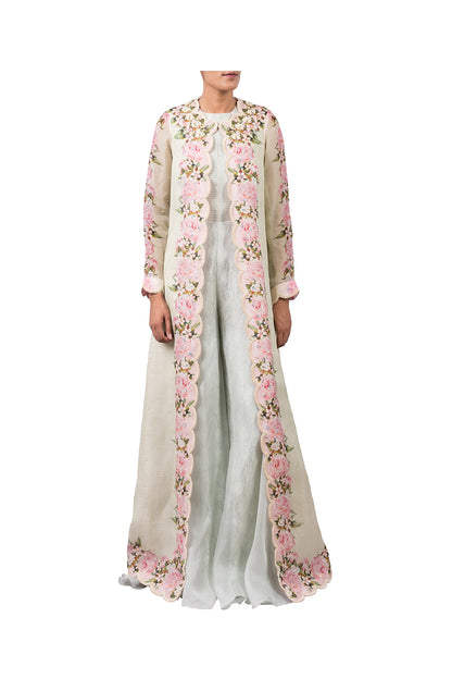 ORGANZA PEONIES PRINT LONG JACKET WITH JUMPSUIT