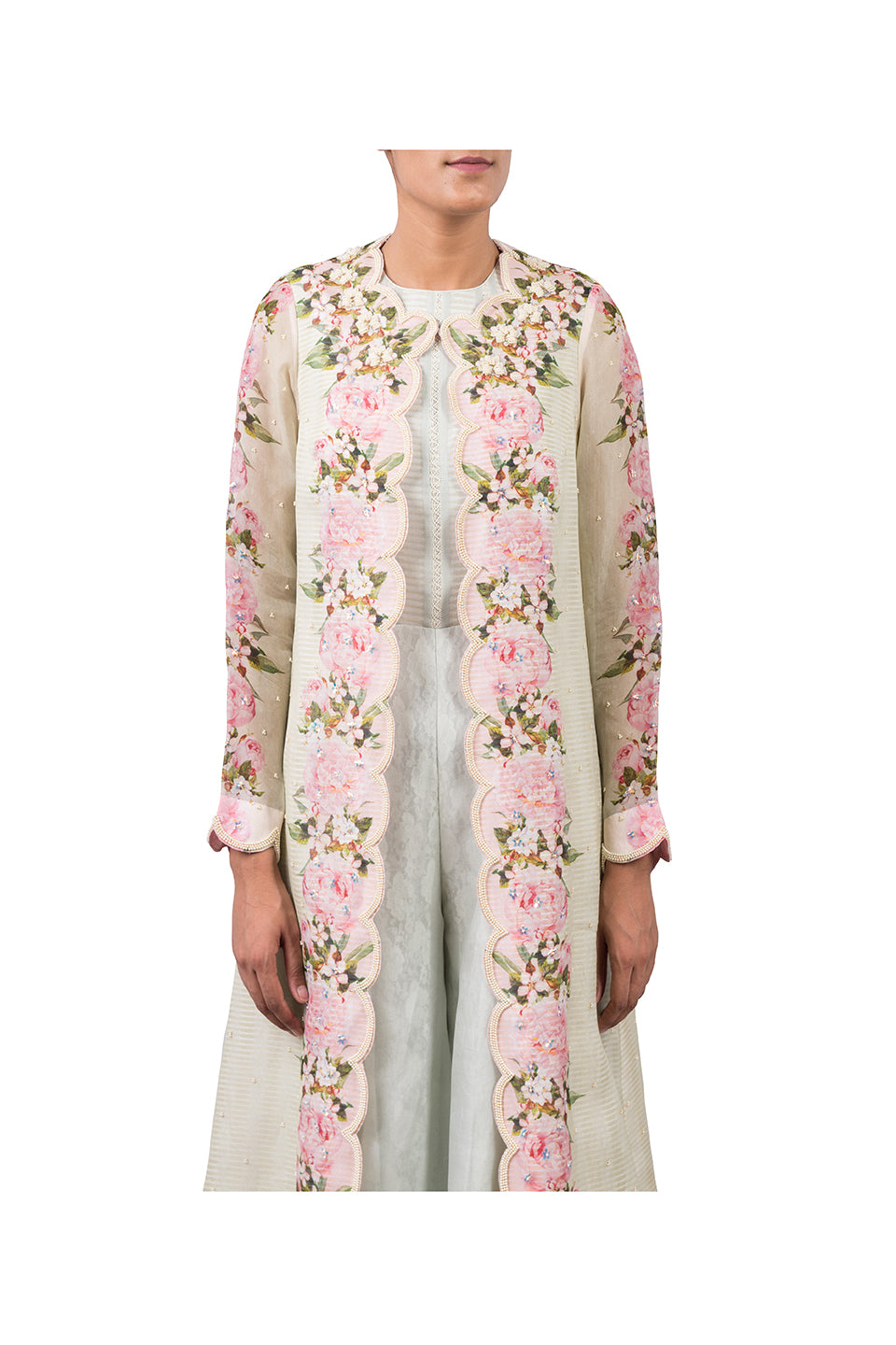 ORGANZA PEONIES PRINT LONG JACKET WITH JUMPSUIT