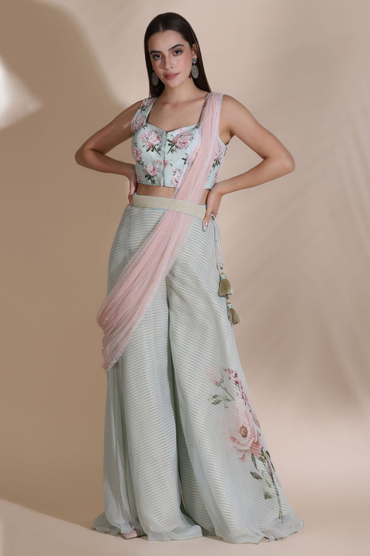 Printed Blouse With Palazzos, Draped Dupatta and Pearl Emblished Belt