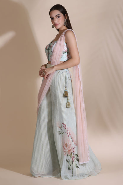 Printed Blouse With Palazzos, Draped Dupatta and Pearl Emblished Belt