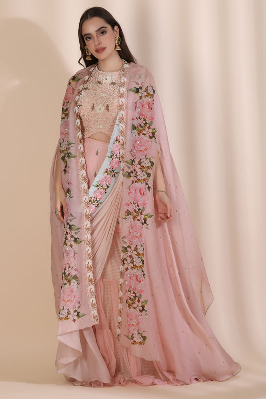 Pearl Work Sash Sharara with Printed Cape