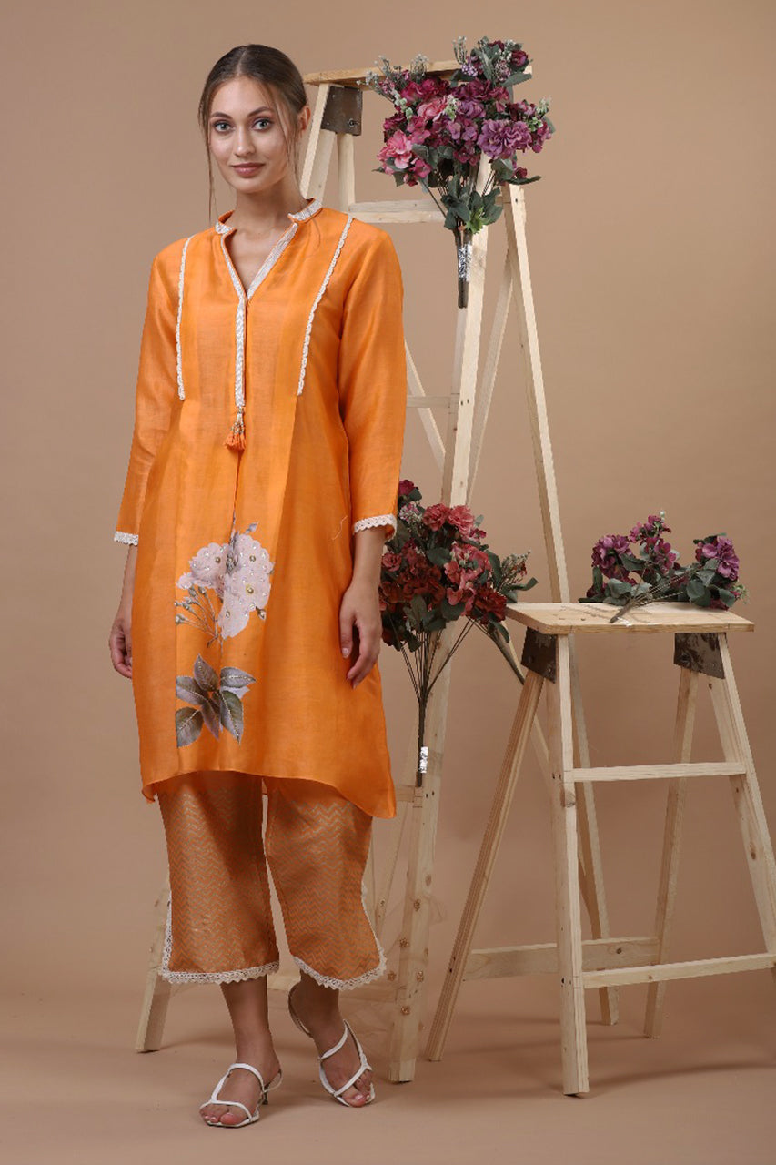 SAFFRON MAGNOLIA KURTI WITH CROCHET DUPATTA AND PALAZZO